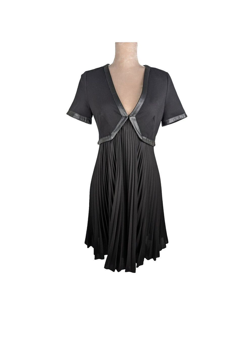 The Kooples Lamb Leather Trim Pleated Black A Line Deep V NWT Mini Dress 38 US 8